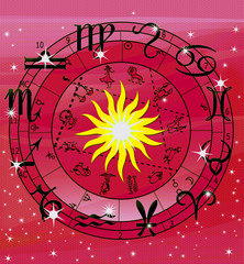 Zodiac circle and stars with zodiac signs. Horoscope. Prediction of the future. Raster illustration