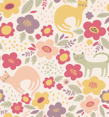 Cute floral pattern with cats. Vintage flower vector background. 