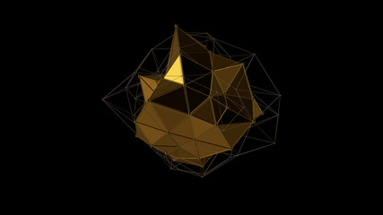 3D illustration of a metal gold crystal of irregular shape, low polygonal abstract figure, on a black background. Futuristic design. 3D rendering, the idea of wealth and prosperity.