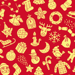 Christmas Holiday Vector Colorful Decorative Seamless Tile Background And Pattern, Yellow On Red