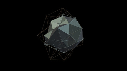 3D illustration of a metal silver crystal of irregular shape, low polygonal abstract figure, on a black background. Futuristic design. 3D rendering, the idea of wealth and prosperity.