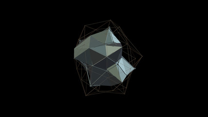 3D illustration of a metal silver crystal of irregular shape, low polygonal abstract figure, on a black background. Futuristic design. 3D rendering, the idea of wealth and prosperity.