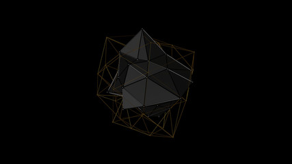 3D illustration of a metal crystal of irregular shape, low polygonal abstract figure, on a black background. Futuristic design. 3D rendering