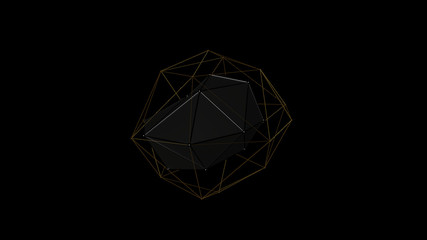 3D illustration of a metal crystal of irregular shape, low polygonal abstract figure, on a black background. Futuristic design. 3D rendering