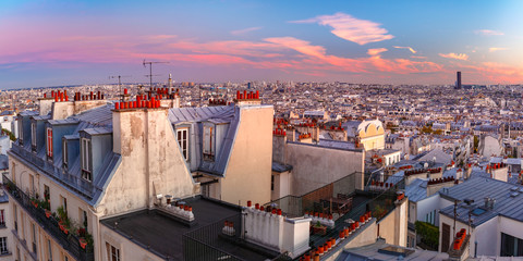 Aerial panoramic view from Montmartre over Paris roofs at nice sunrise, Paris, France