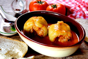 Yellow peppers stuffed with meat and rice
 - obrazy, fototapety, plakaty