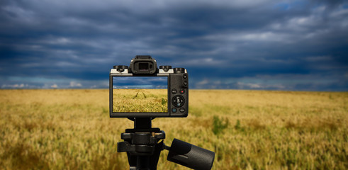 camera and Dark, stormy sky and a field of ripening cereal