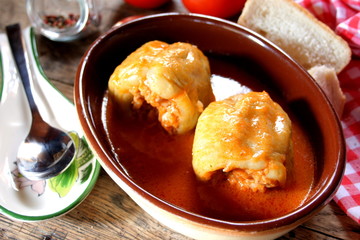 Yellow peppers stuffed with meat and rice
