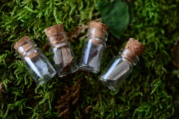 Adorable miniature bottles, fresh herbs and crystal bottles. Apothecary bottle set, cute little crystal vials, witchy decor. Wiccan ritual crystals with fresh flowers. 