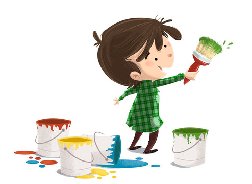 ni&ntilde;o pintando con brocha y colores
