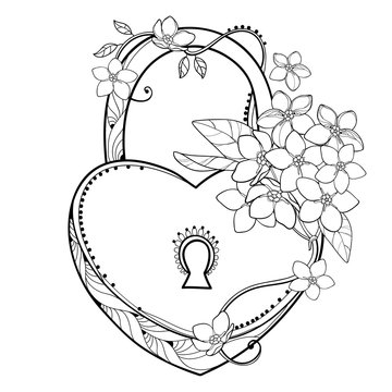 Vector padlock heart  with bouquet of outline Forget me not or Myosotis flower in black isolated on white background. Wildflower Forget-me-not in contour style for romantic design or coloring book.
