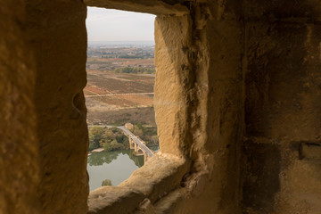 Landscape view of vineyards from the Castle of San Vicente de la Sonsierra in La Rioja, Spain