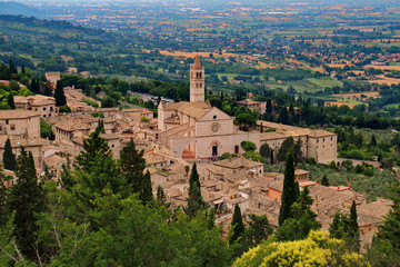 Bird view from the fortress to the town of Assisi with famous cathedral of Santa Chiara