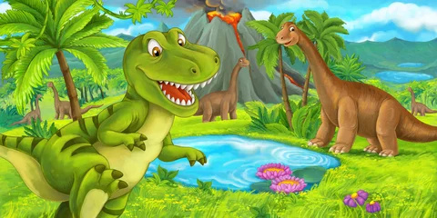 Photo sur Plexiglas Chambre denfants scène de dessin animé avec un joyeux dinosaure tyrannosaurus rex près du volcan en éruption et du diplodocus - illustration pour enfants