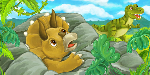 cartoon scene with triceratops hidind behind the rock from tyrannosaurus rex - illustration for children