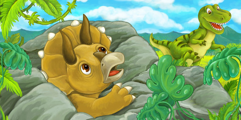 cartoon scene with triceratops hidind behind the rock from tyrannosaurus rex - illustration for children