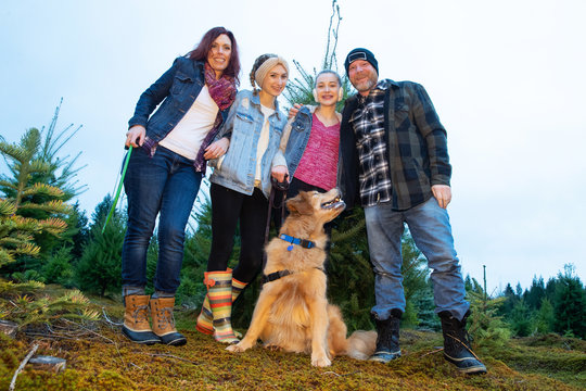 Happy Family Cutting Holiday Tree At The Christmas Tree Farm