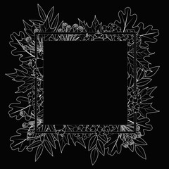 Autumn leaves frame decor, included rowan berries bunch, oak leaf, maple leaf, acorns. Vector black and white  illustration for your wedding invitation, greeting card, mid season sale window sticker