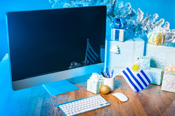 Gifts for Christmas. Place for congratulations on Christmas. New Year. New Year's greetings. Computer monitor for writing.