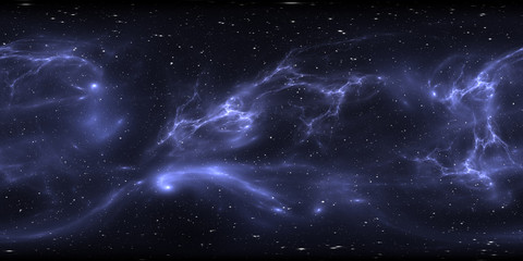 360 Grad interstellare Wolke aus Staub und Gas. Weltraumhintergrund mit Nebel und Sternen. Glühender Nebel, gleichwinklige Projektion, Umgebungskarte. Sphärisches HDRI-Panorama © Peter Jurik