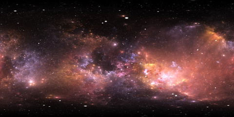 360 degree space nebula panorama, equirectangular projection, environment map. HDRI spherical panorama. Space background with nebula and stars.