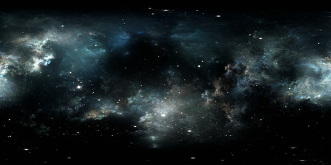 360 Grad interstellare Wolke aus Staub und Gas. Weltraumhintergrund mit Nebel und Sternen. Glühender Nebel, gleichwinklige Projektion, Umgebungskarte. Sphärisches HDRI-Panorama © Peter Jurik