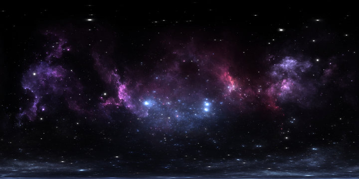 360 degree interstellar cloud of dust and gas. Space background with nebula and stars. Glowing nebula, equirectangular projection, environment map. HDRI spherical panorama