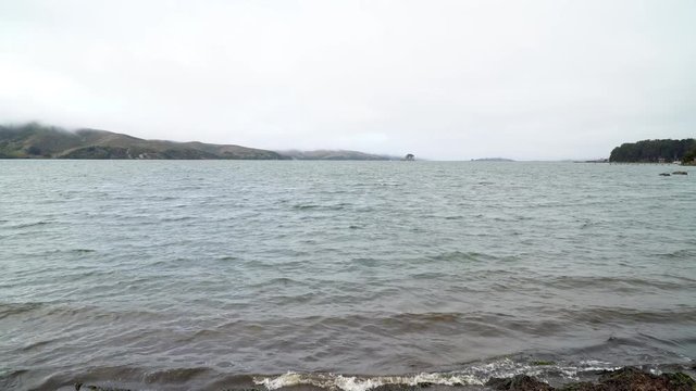 Waves washing in on a rocky Tomales Bay beach.  Low clouds, grey fall afternoon.
