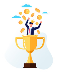 Happy smiling successful businessman office worker character sitting in golden cup under money rain. Business success concept. Vector flat cartoon isolated graphic design illustration