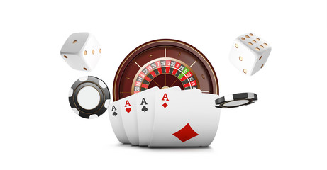 Obraz premium Playing cards and poker chips fly casino. Casino roulette concept on white background. Poker casino vector illustration. Red and black realistic chip in the air. Gambling poker mobile app icon.