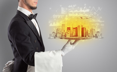 Waiter serving big city with report concept on tray
