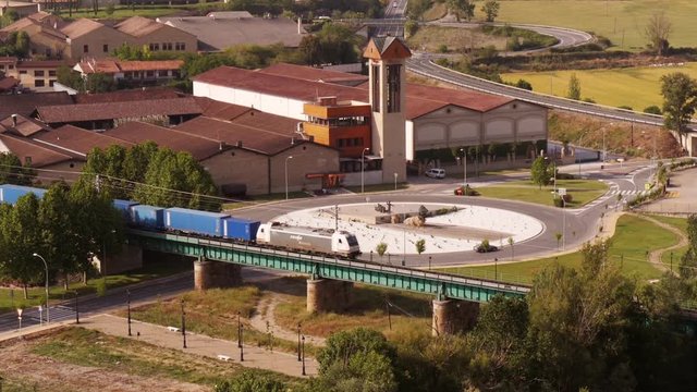 Train passing in Haro, La Rioja, Spain – view from above