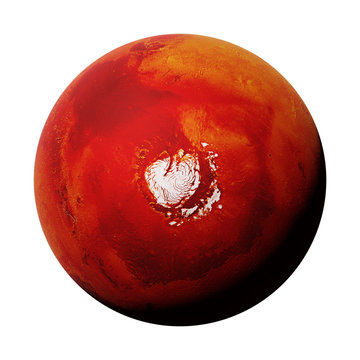 planet Mars, with the Red Planet's north polar ice cap, isolated on white background