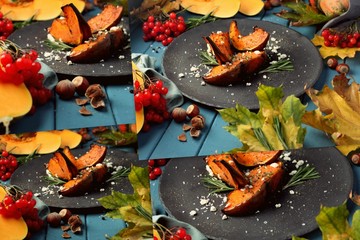 Baked pumpkin with cheese slices on a dark plate, autumn food.
