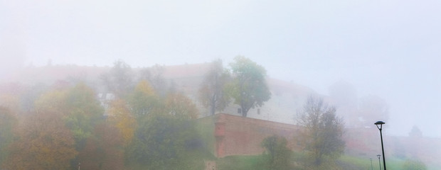 General view of Wawel Castle in misty morning. Residency located in central Kraków, Poland. For centuries residence of kings and the symbol of Polish statehood.