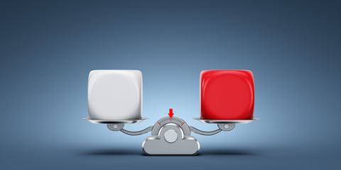 3d rendering. Scales with a big box of red and white on a blue background. Illustration for advertising. Equal weight.