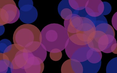 Multicolored translucent circles on a dark background. Pink tones. 3D illustration