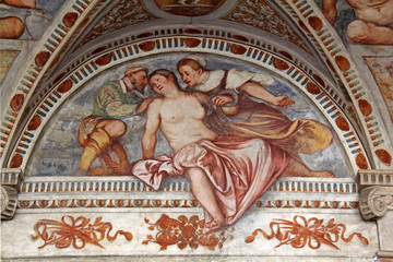 Obraz premium il suicidio di Cleopatra: affresco del Romanino nella loggia del cortile dei Leoni; Castello del Buonconsiglio, Trento