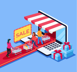 People consumers go in and out internet shop market. Online e commerce retail store shopping concept. Vector design graphic flat cartoon isolated illustration