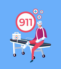 Sad unhappy patient man character sitting on stretcher with broken leg and head. 911 emergency service aid disaster accident help concept