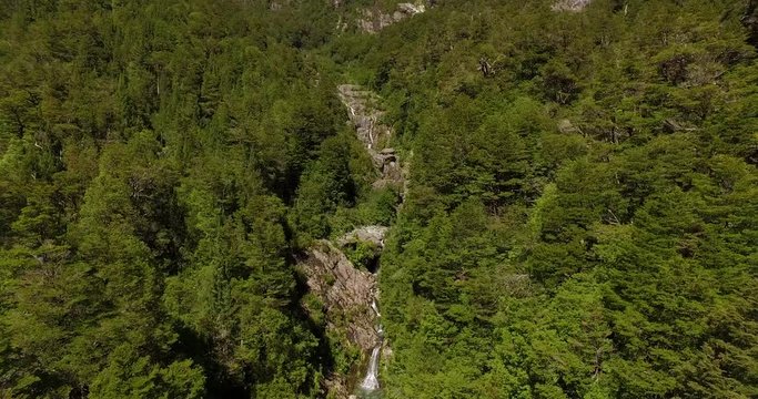 Aerial view of the Tagua Tagua park and its diverse geography, with forests, mountains, lagoons and waterfalls