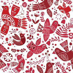 Fotobehang Vector christmas folk red birds seamless pattern. © eulaliamejia