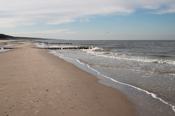Autumn beach by the sea in central Europe. Baltic sea coast.