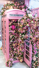 pink phone booth and colourful flowers in London