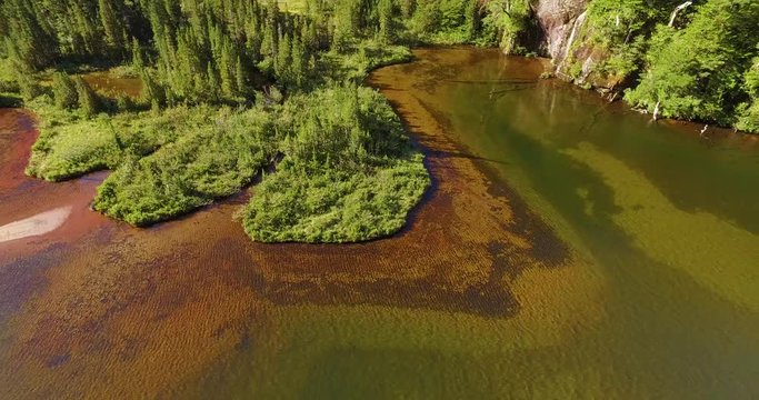 Aerial view of the Tagua Tagua park and its diverse geography, with forests, mountains, lagoons and waterfalls