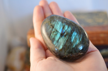 Labradorite Palm Stone! Polished Labradorite stone. Iridescent coloring, very reflective and...