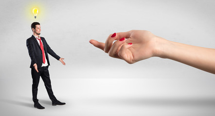 Foolish blind businessman in love going after big naked hand
