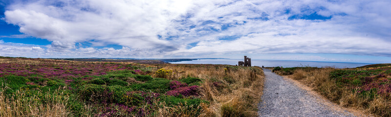 A panorama of Stamps and wheel engine house ruins Wheal Coates mine on cliffs near St. Agnes,  Cornwall, UK