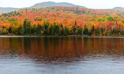 Fall colors of Lac Legault with Mont Kaaikop in the background, in cottage country in the Laurentians, Quebec, Canada.