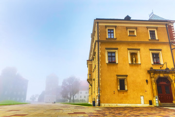 General view of Wawel Castle in misty morning. Residency located in central Kraków, Poland. For...